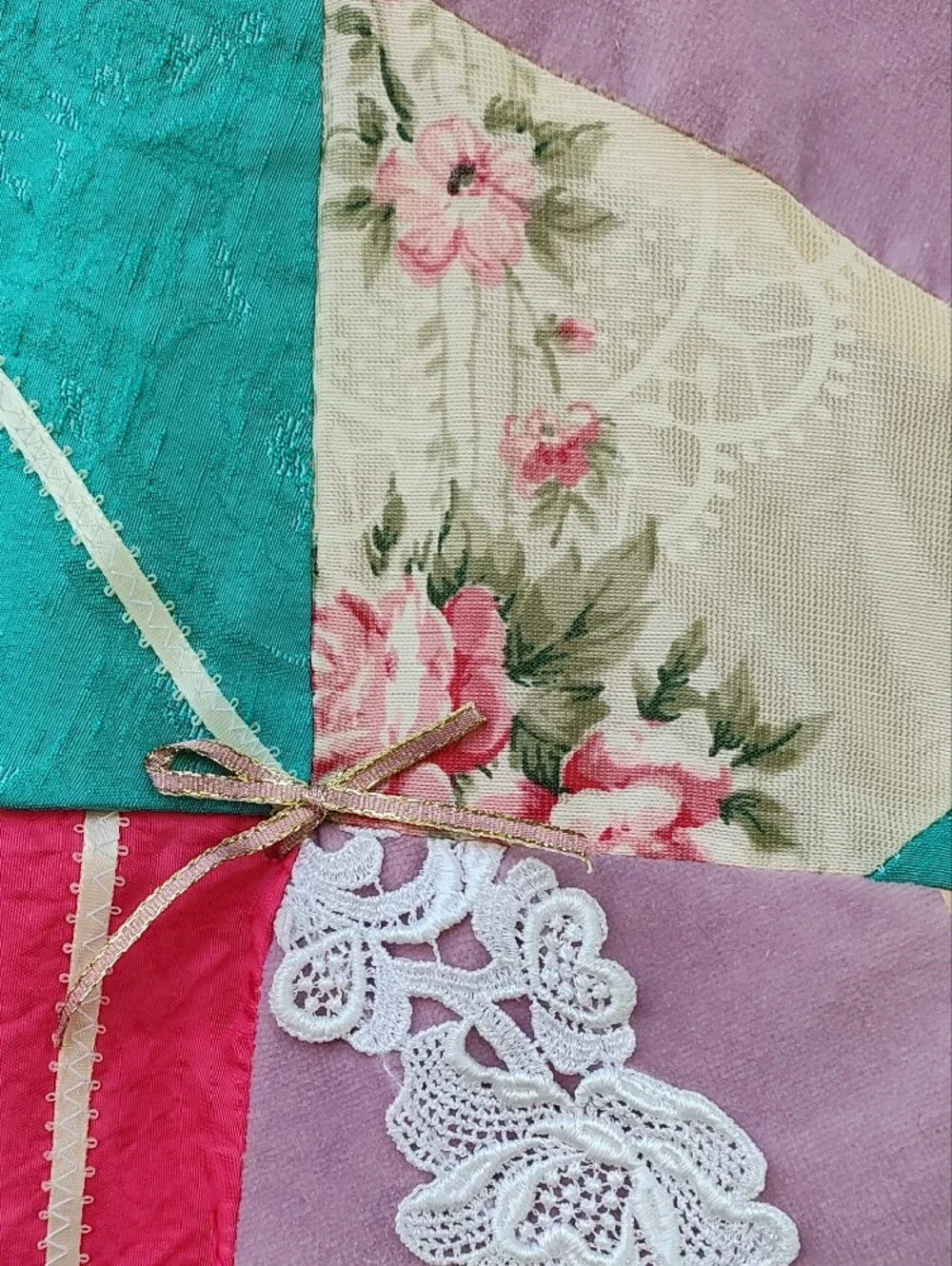 Vintage Handsewn Patchwork Satin Lace Quilt, Grandmacore, Victorian, Cottagecore